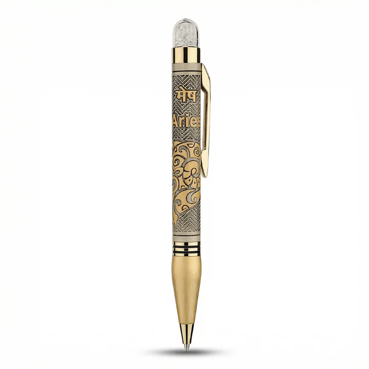 Personalised Aries / मेष Zodiac Engraved Premium Metal Twist Ball Pen with Crystal Top - Image 2