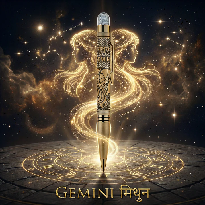 Personalised Gemini / मिथुन Zodiac Engraved Premium Metal Twist Ball Pen with Crystal Top